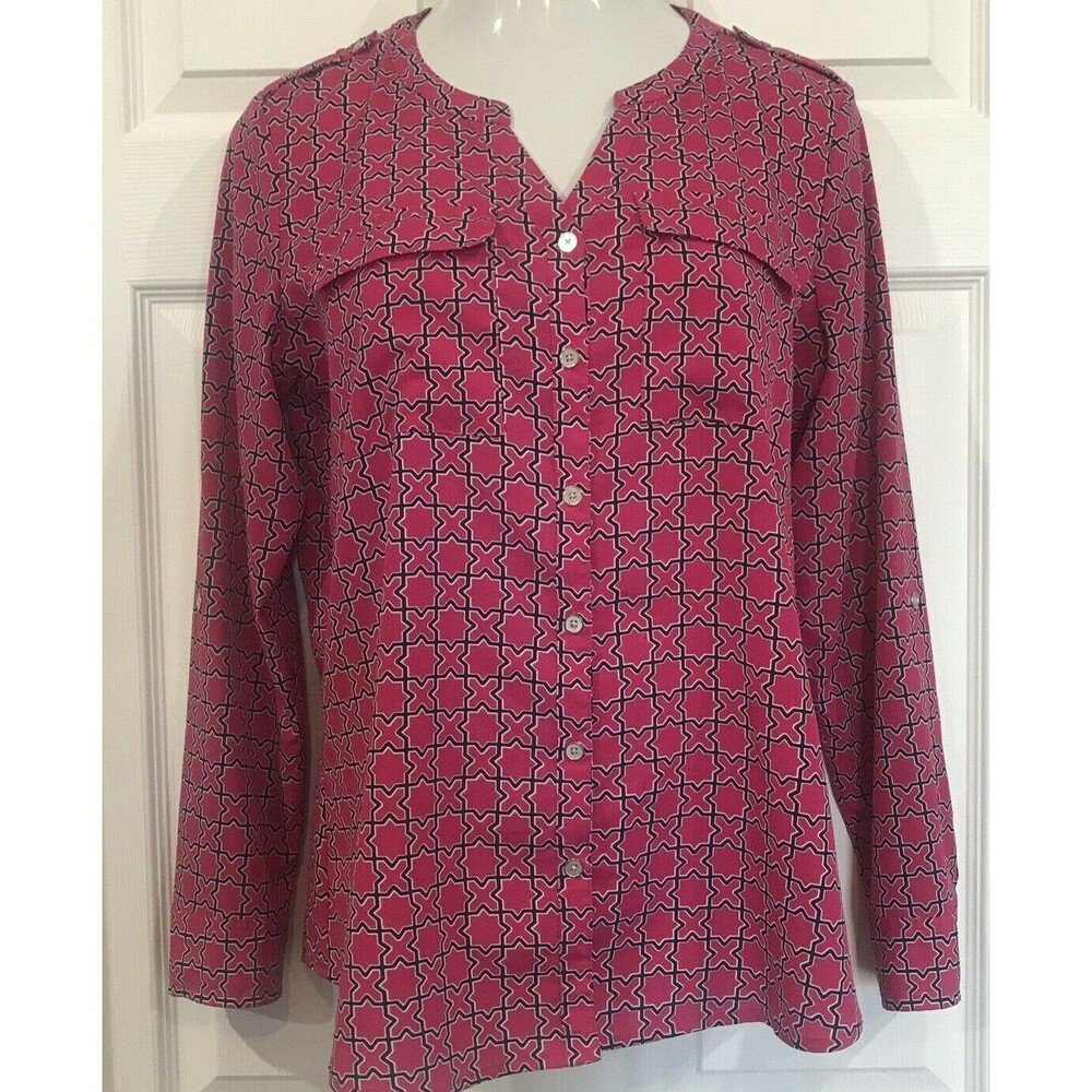 Croft Barrow Women's M Tab Sleeve Tunic Top Stretch V Neck Pink & Black